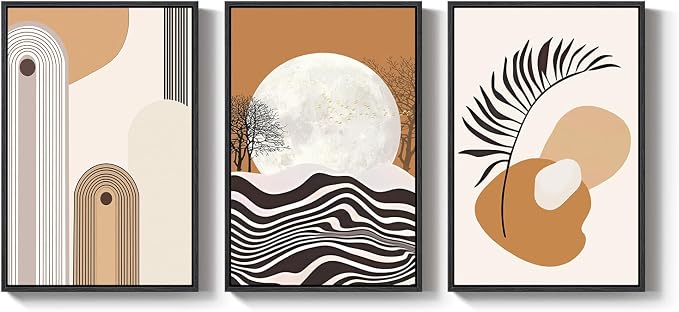 Framed Boho Mid Century Modern Wall Art for Living Room, 3 Piece Large Abstract Canvas Prints Paintings, Orange Earth Tones Moon Botanical Artwork Decor for Bedroom Hallway 16x24 Inch