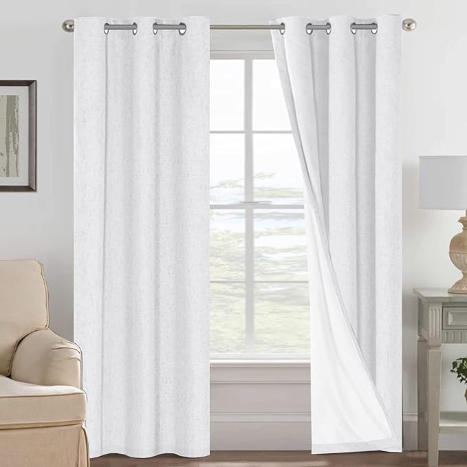H.VERSAILTEX 100% Blackout Curtains for Bedroom Thermal Insulated Linen Textured Curtains Heat and Full Light Blocking Drapes Living Room Curtains 2 Panel Sets, 42x84 - Inch, White