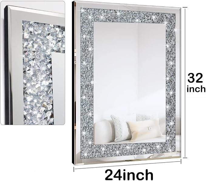 QMDECOR Crystal Crush Diamond Rectangle Silver Mirror for Wall Decoration 24x32inch Wall Hang Frameless Mirror Acrylic Diamond Decor.
