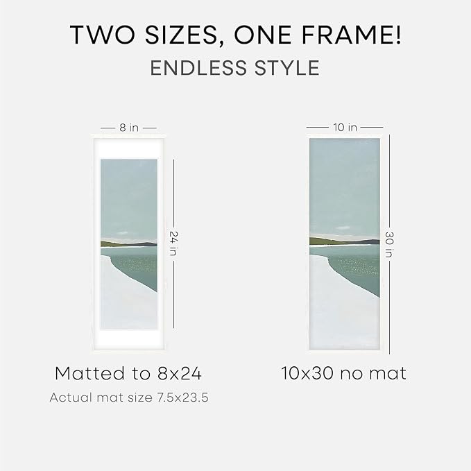 Homeforia 10x30 White Picture Frame, High End Oak 10x30 Wood Poster Frames with Mat 8x24 Print, 10 x 30 White Wooden Frames Matted to 8 by 24, 30x10 Panoramic Frame, Tempered Glass, Wall Kit, Set of 2