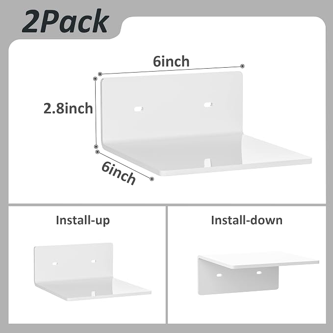 Sezanrpt 6 Inches Acrylic Small Wall Shelves 2 Pack, Floating Shelf for Wall Mounting, Acrylic Display Ledges for Funko Pop Figures, Home Décor, Living Room, Gaming Room, Plants(6 inch, White)