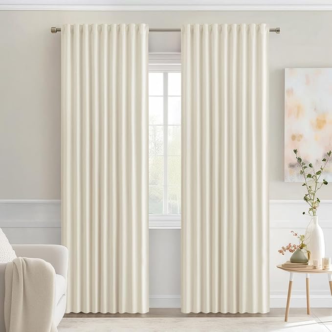 MIULEE Beige White Back Tab Blackout Curtains 90 Inches Long 2 Panels Set for Living Room Bedroom Privacy, Rod Pocket/Pinch Pleat Thermal Insulated Room Darkening Pleated Light Blocking Drapes