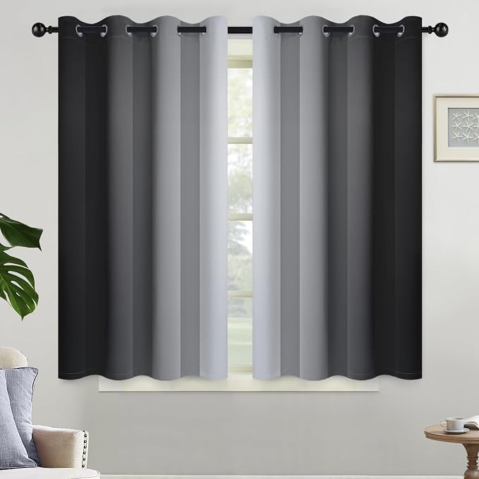 Yakamok Ombre Curtains Black and Greyish White for Living Room,52Wx45L | Room Darkening Curtains 45,Thermal Insulated Gradient Color Drape,Light Blocking Grommet Window Curtains for Bedroom,2 Panels