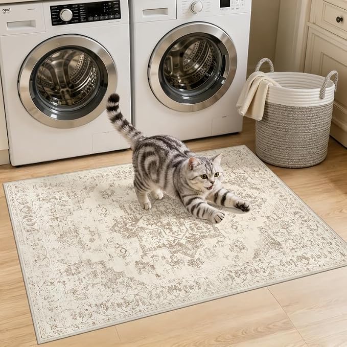 Machine Washable Area Rugs 2x3: Vintage Boho Neutral Washable Rug Indoor Soft Small Entryway Throw Carpet for Living Room Bedroom Kitchen Laundry Floor Non-Slip Low Pile Entrance Rug Beige/Ivory