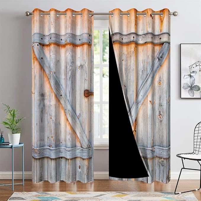 Closed Wooden Door Window Curtains Rustic Vintage Barn Door Kitchen Curtains Countryside Farmhouse Old Wood Planks Light Blocking Bedroom Drapery Treatments with Grommets,26x84 inch,2 Panels