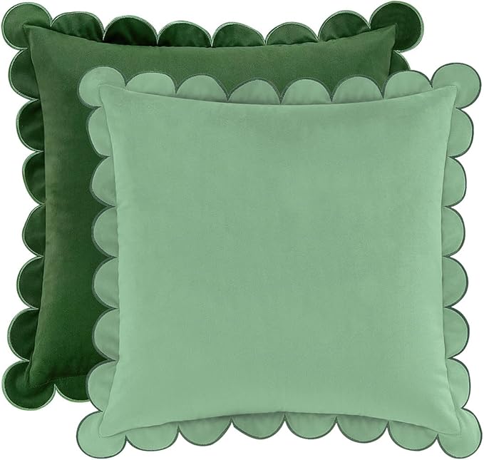 MONDAY MOOSE Decorative Throw Pillow Covers Cushion Cases, Set of 2 Soft Velvet Scalloped Round Edge Designs, Mix and Match for Home Decor, Pillow Inserts Not Included (16x16 inch, Green/Light Green)