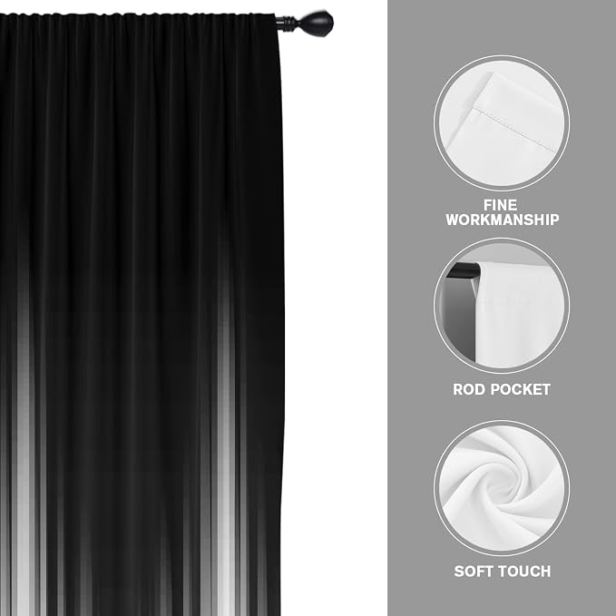 Coxila Black White Window Curtains for Bedroom 42 x 84 Inch Rod Pocket Long Ombre Silver Goth Stripe Boho Pattern Gradient Simple Design Living Room Treatment Set of 2 Curtain Panels Drapes Drapes