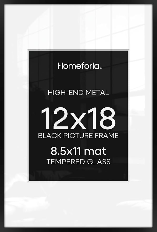 Homeforia 12x18 Picture Frame Black, High End Metal 12x18 Poster Frames with Mat 8.5x11 Photo, 12 x 18 Black Frames Matted to 8.5 by 11 inch Print, 18x12 Thin Frame, Tempered Glass, Wall Kit, Set of 4