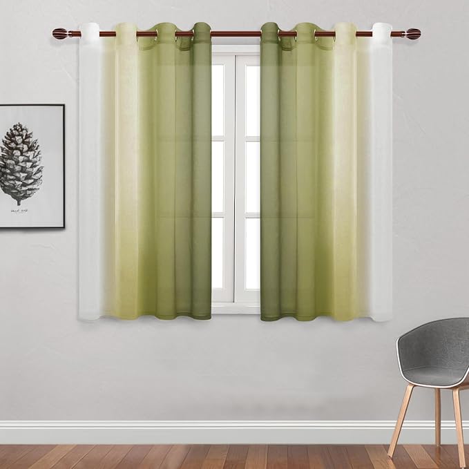 DWCN Ombre Short Sheer Curtains - Faux Linen Semi Voile Gradient Light-Filtering Bedroom and Living Room Curtains, Set of 2 Grommet Top Window Drape Panels, 52 x 45 Inch Length, Olive Green