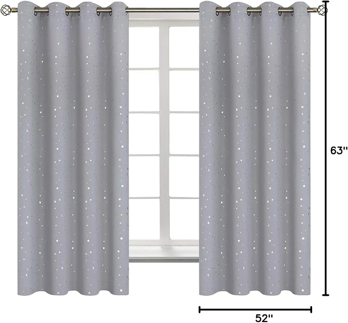 BGment Light Grey Star Blackout Curtains for Kid's Bedroom - Grommet Thermal Insulated Room Darkening Printed Curtains for Living Room, Set of 2 Panels (52 x 63 Inch, Light Grey)