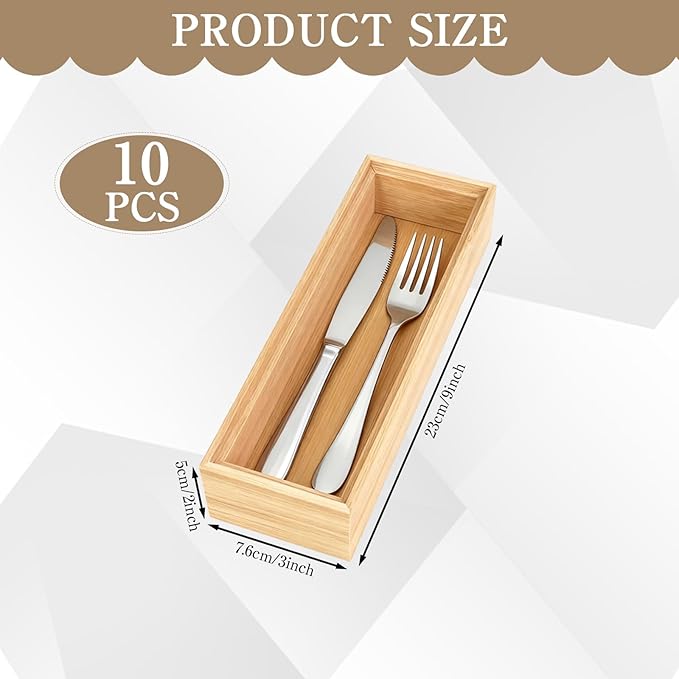10 Pcs Bamboo Drawer Organizer 9 x 3 x 2 Inch Stackable Bamboo Silverware Tray Wooden Utensil Storage Box Small Gadget Holder for Kitchen Bathroom and Vanity