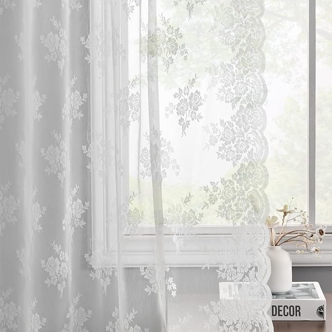 Kotile White Lace Curtains 36 Inch Length 2 Panels, Country Rustic Floral Short Lace Curtains for Kitchen Window, Rod Pocket Privacy Lace Cafe Curtains, 42 x 36 Inch Each, 1 Pair, White