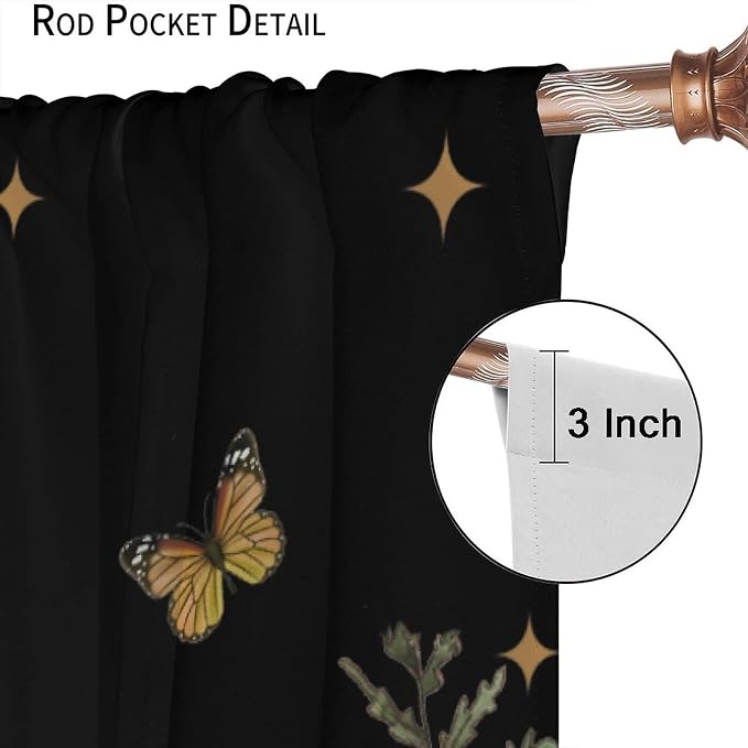 Retro Mushroom Blackout Curtains,Snail Butterfly Window Drapes,Boho Night Plants Leaves Moon Star Botanical for Living Room Kitchen Bedroom,Black Background 55x63in