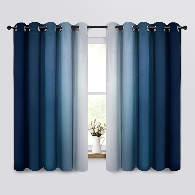 Yakamok Ombre Curtains Blue and Greyish White for Living Room,62Wx63L | Room Darkening Curtains 63,Thermal Insulated Gradient Color Drape,Light Blocking Grommet Window Curtains for Bedroom,2 Panels