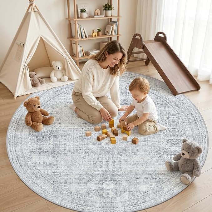 Round Area Rug for Living Room: 6ft Vintage Boho Neutral Washable Circle Rug Soft Large Circular Carpet for Bedroom Nursery Farmhouse Dining Room Office Floor Non-Slip Low Pile Under Table Rug Gray