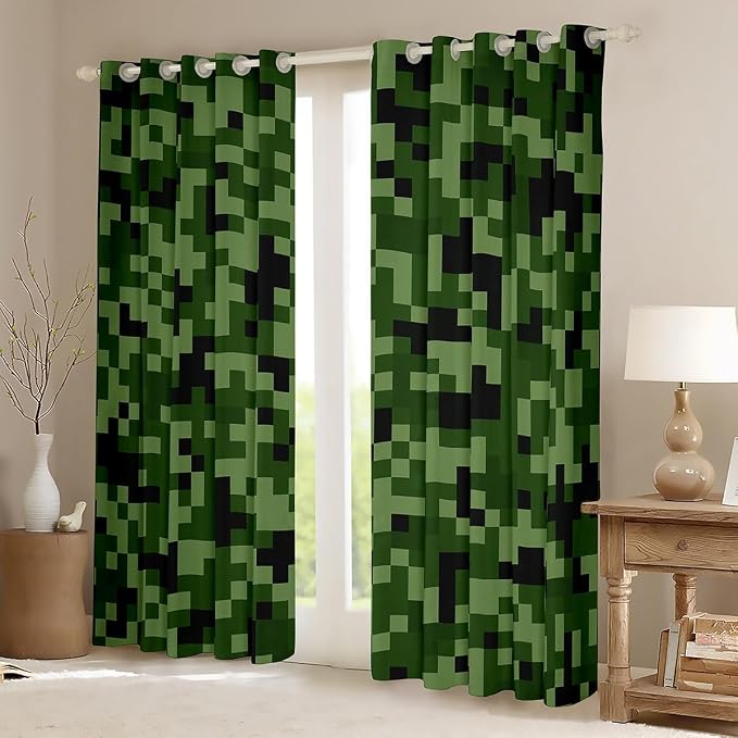 Castle Fairy Green Camo Window Curtain,Army Green Camouflage Bedroom Decor Curtains for Kids Boys Teens,Geometric Grid Patchwork Window Treatment Soft Blackout Drapes 2 Panels,38Wx54L