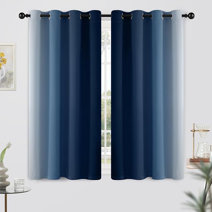 Yakamok Ombre Curtains Blue and Greyish White for Living Room,52Wx54L | Room Darkening Curtains 54,Thermal Insulated Gradient Color Drape,Light Blocking Grommet Window Curtains for Bedroom,2 Panels