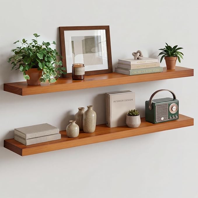 Homeforia Oak Floating Shelves 42 inch Long, High End Solid Real Wood 42inch Floating Shelves for Wall Mounted, Honey Oak Wooden 42in Floating Shelf, Heavy Duty Bracket, 42 X 6.5 X 1.75 in, Set of 3