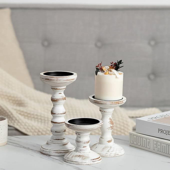 Candeldo Wood Candle Holder for Pillar, White Farmhouse Fireplace Decor | Set of 3, Table Centerpiece, Tall Shabby Chic Decor, Wooden Rustic Decorations for Mantle
