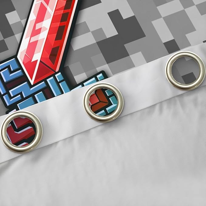Castle Fairy Red Blue Sword Window Curtains,Geometric Grey Grid Privacy Blackout Curtain for Window Miner Theme Shade Windows Covering for Bedroom Pixel Video Games Drapes 2 Panels,52Wx84L