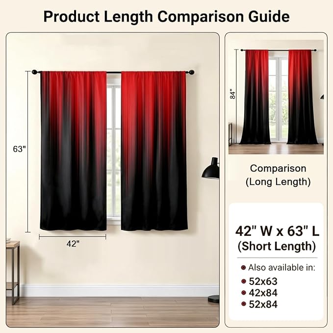 AAtter Red Black Window Curtains, Room Darkening, Rod Pocket 42" W x 63" L | Burgundy Ombre Gothic Drapes, Dark Modern High Precision Fabric, Abstract Anime, 2 Panels Cool Bedroom Decor for Men