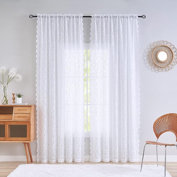 ALIGOGO 120 Inch Curtains 2 Panels - White Voile Lace Long Floor to Ceiling Curtains for Dining Room Privacy Sheer Floral Window Treatment 120 Inches Long Rod Pocket 10 Foot, 52 x 120 Inch, White