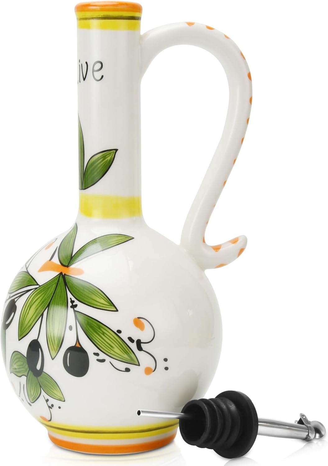 Hand-Painted Ceramic Olive Oil Dispenser Bottle – 15oz Decorative Stoneware Cruet with Stainless Steel Spout for Oil, Vinegar, Syrups, and Sauces
