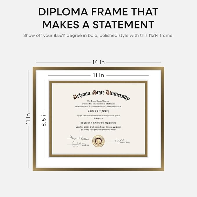 Homeforia 11x14 Diploma Frame Bronze, High End Metal 11 x 14 Certificate Frames with Mat 8.5 by 11, 11by14 Document Frame Matted to 8.5x11, Award Graduation Frames, Tempered Glass, Wall Kit, Set of 2