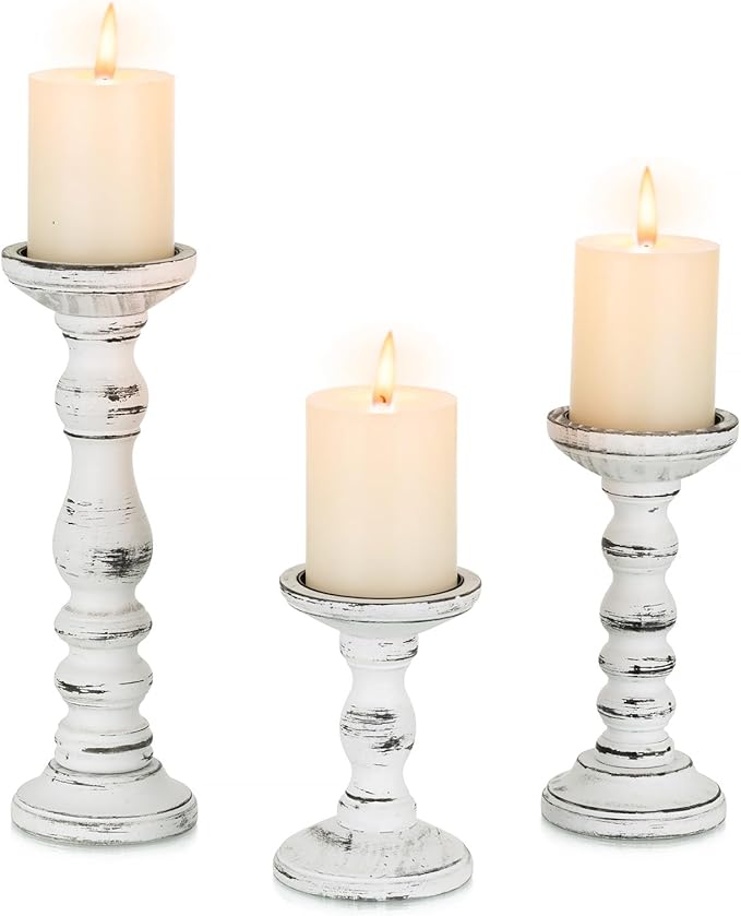Candeldo Wood Candle Holder for Pillar, White Farmhouse Fireplace Decor | Set of 3, Table Centerpiece, Tall Shabby Chic Decor, Wooden Rustic Decoration for Mantle