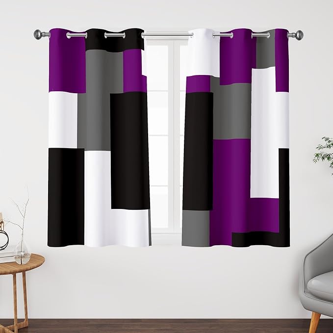 Tyrot Purple 100% Blackout Curtains 45 inch Length 2 Panels Set White Grey Modern Abstract Geometric Drapes for Kitchen Black Out Curtains Insulated Room Darkening Small Window Curtains, 42Wx45L