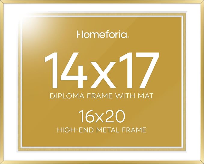 Homeforia 16x20 Diploma Frame Gold, High End Metal 16 x 20 Gold Certificate Frames with Mat 14 x 17, 16by20 Document Frame Matted to 14x17, Graduation Degree Frames, Tempered Glass, Wall Kit, Set of 2