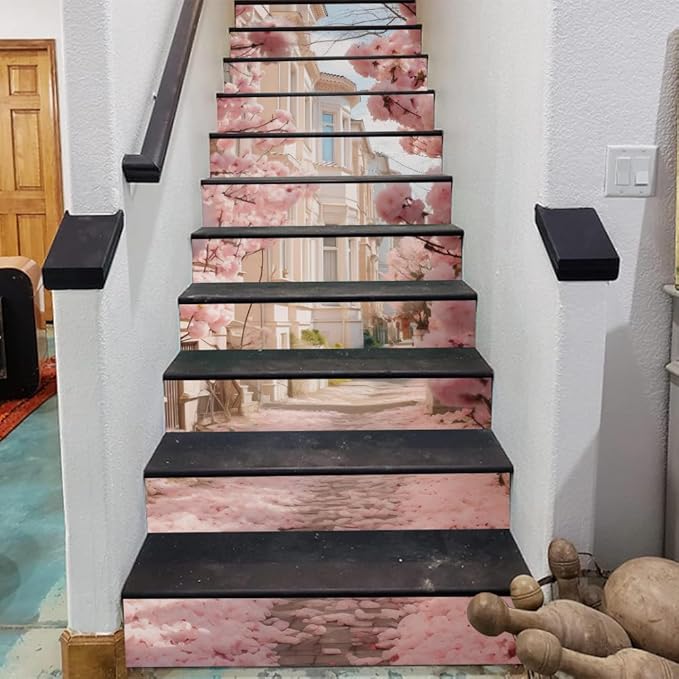 REDAMANCY Romantic Pink Cherry Flowers Lane Landscape Peel and Stick Vinyl Stair Riser Decals Staircase Tile Stickers Decor Modern Marble Decoration Self-Adhesive(14 Pcs)