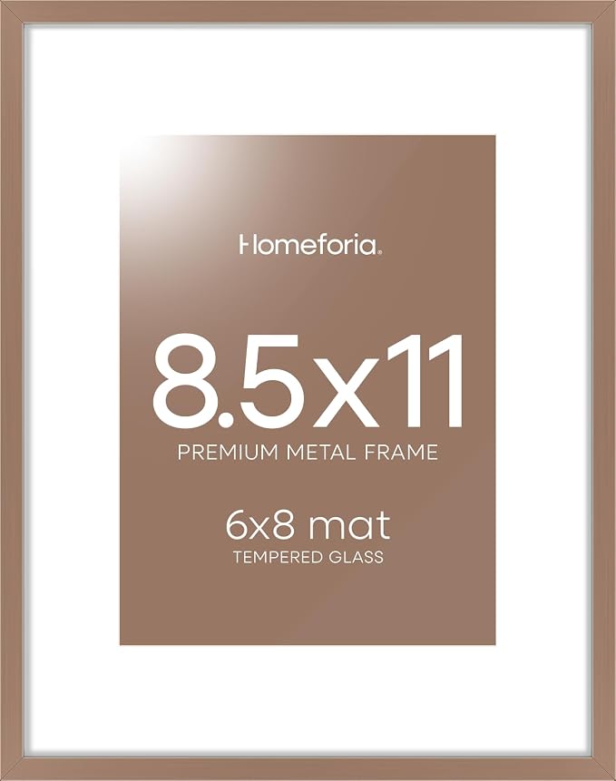 Homeforia Mocha Picture Frame 8.5 x 11, High End Metal 8.5x11 Poster Frames with Mat 6x8 Photo, 8.5 x 11 Frame Matted to 6 by 8 Art, 8.5by11 Wall or Tabletop Frames, Tempered Glass, Wall Kit, Set of 2