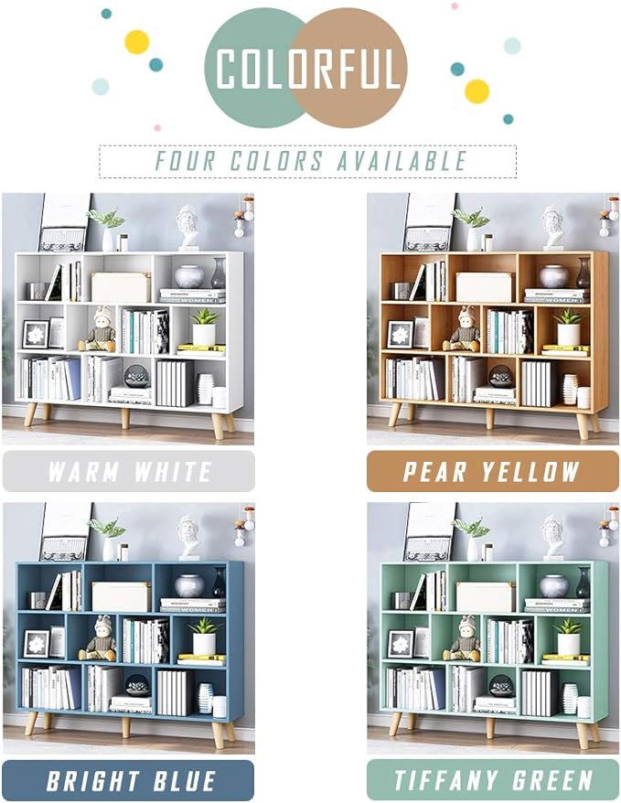 IOTXY Wooden Open Shelf Bookcase - 3-Tier Floor Standing Display Cabinet Rack with Legs, 10 Cubes Bookshelf, Warm White