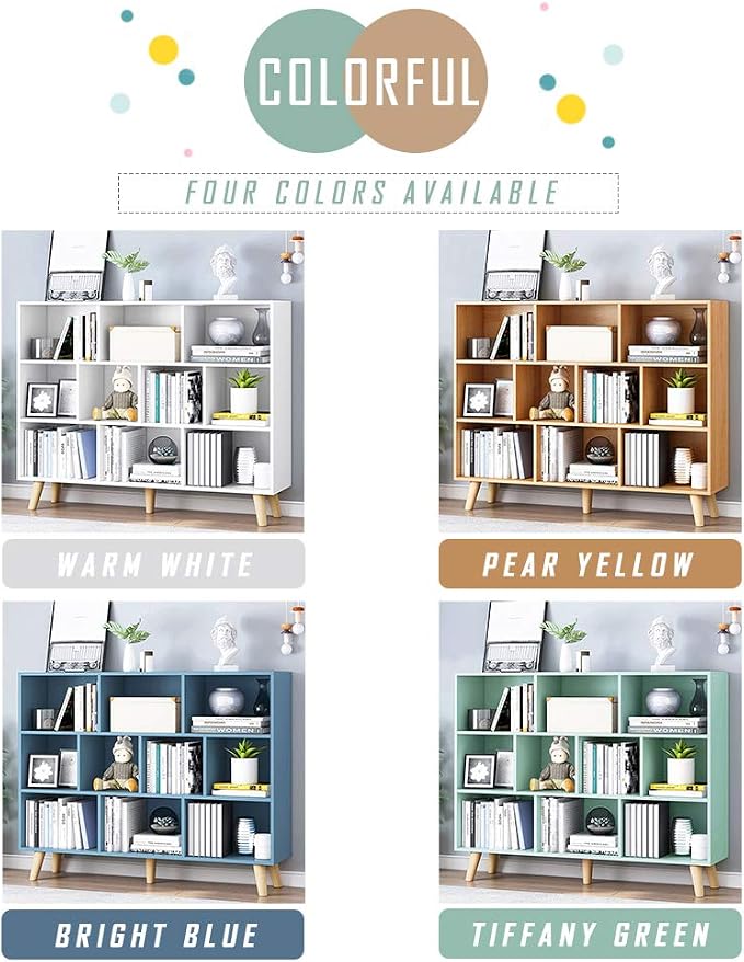 IOTXY Wooden Open Shelf Bookcase - 3-Tier Bookshelf with Leg, Tiffany-Green | Nordic Minimalist Style, MDF Material, Raised Solid Wood Legs, 10 Storage Cubes Display, Floor-Standing Cabinet Organizer