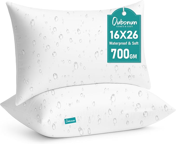 Oubonun 16x26 Waterproof Outdoor Pillow Inserts – Set of 2 Firm & Fluffy, Water Resistant Throw Pillows for Patio, Garden, Porch, or Indoor Decorative