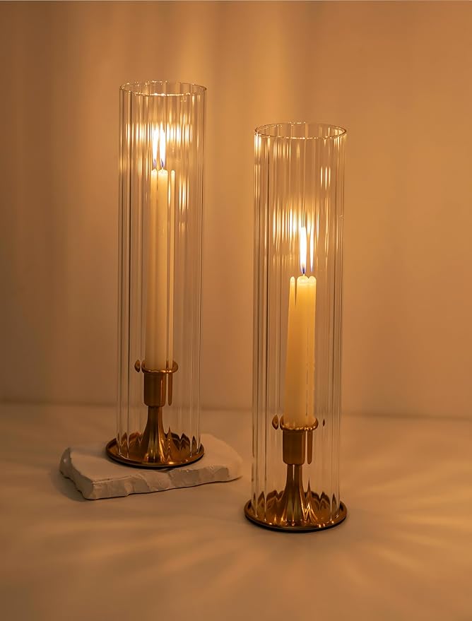 Romadedi Hurricane Glass Candle Holder: Set of 2 Gold Taper Candle Sticks Holder with Ribbed Cylinder Cover & Weighted Base for Coffee Table Centerpiece Christmas Wedding Outdoor Decor