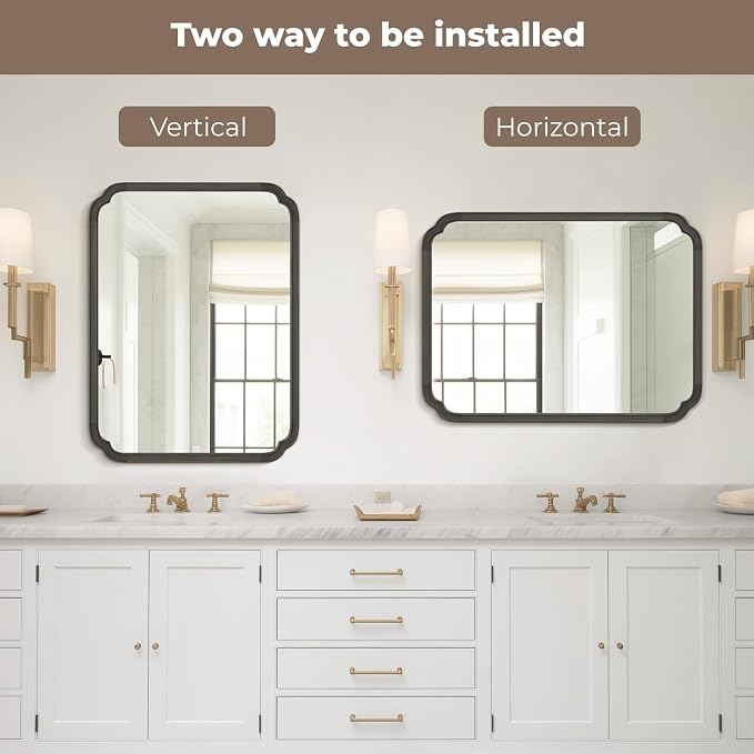 WallBeyond 28" x 40" Rounded Corner Arch Wall Mirror with Wood Frame for Entryway, Living Room or Bedroom Home Decor - Light Woodgrain [28 x 40 inches, Black]