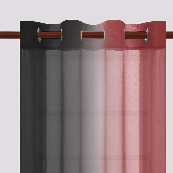 DWCN Ombre Sheer Curtains - Faux Linen Semi Voile Grommet Top Gradient Curtains for Bedroom and Living Room, Set of 2 Window Curtain Panels, 52 x 84 Inch Length（Black and Red