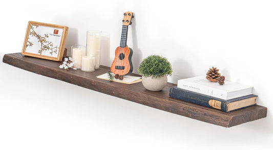 Floating Shelves for Wall, 48"x9.3" Rustic Solid Live-Edge Elm Wood Wall Shelves, Heavy-Duty Floating Shelves with Invisible Brackets, Set of 2 for Living Room, Bedroom, and Kitchen, Walnut Finish