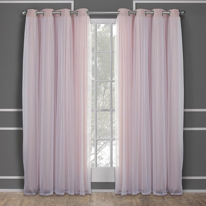 TOWN & COUNTRY LUXE Talia Double Layer Indoor Curtains, Sheer and Room Darkening Blackout, Grommet Top, Energy Efficient, 2-Pack Set, 52"x108", Rose Blush