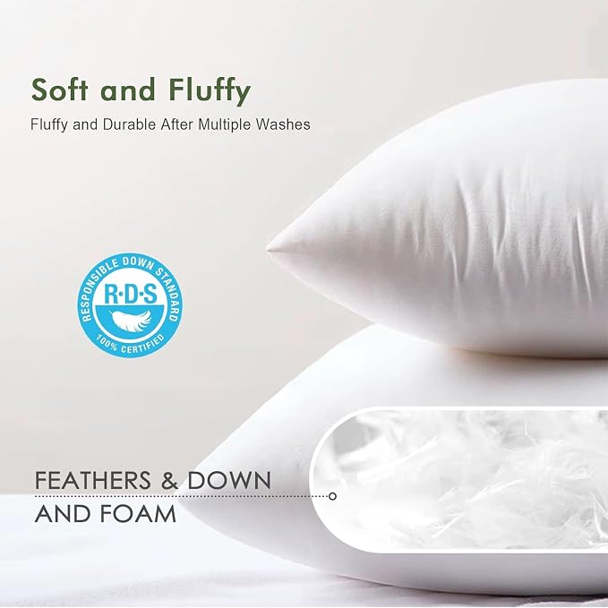 TOPGREEN Feathers Down Pillow Inserts 16x16 (Set of 4, White), 100% Organic Cotton Shell, Soft Decorative Square Throw Pillow for Living Room Sofa, Couch, or Bed