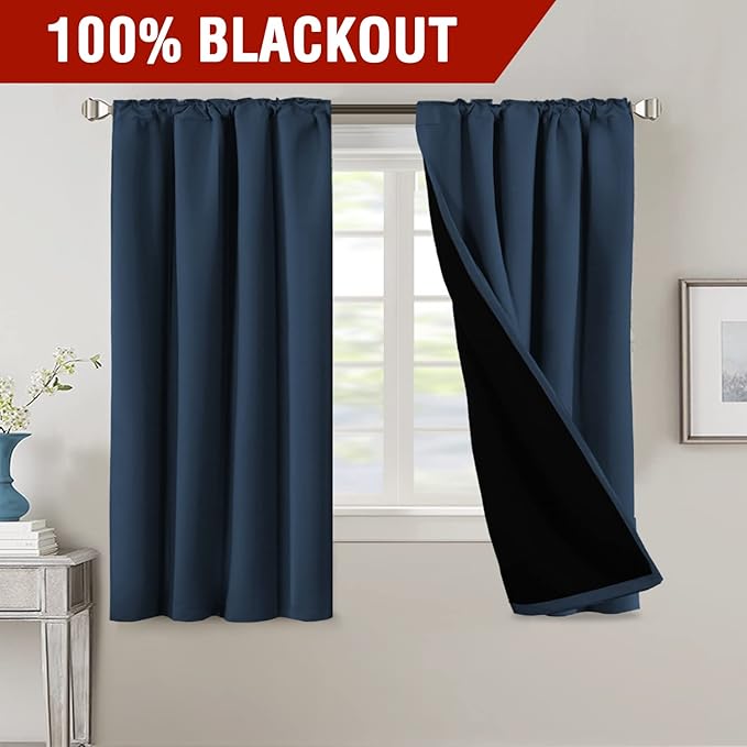 H.VERSAILTEX 100% Blackout Curtains for Bedroom with Black Liner Full Room Darkening Curtains Thermal Insulated Back Tab/Rod Pocket Window Drapes for Living Room, 2 Panels, 42 x 63 Inch, Navy