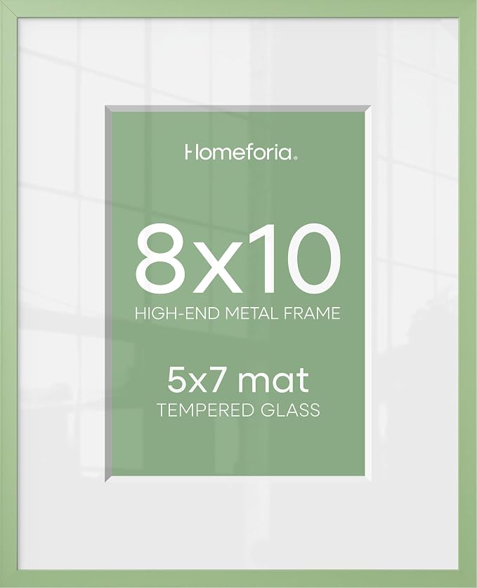 Homeforia 8x10 Picture Frame Sage Green, High End Metal 8 x 10 Poster Frames with Mat 5 by 7 Art, 10x8 Thin Frame Matted to 7x5 Photo, 8by10 Wall or Tabletop Frames, Tempered Glass, Wall Kit, Set of 1