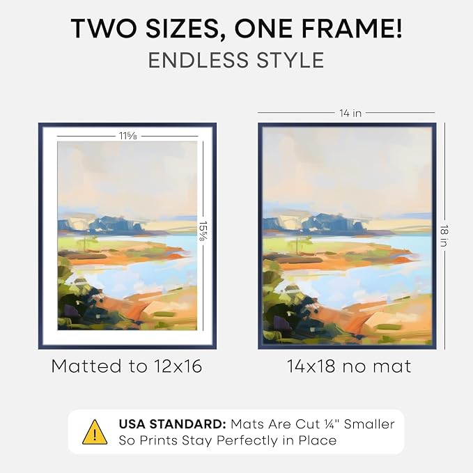 Homeforia 14x18 Picture Frame Navy Blue, High End Metal 14x18 Poster Frames with Mat 12x16 Photo, 14 x 18 Navy Blue Frame Matted to 12 by 16 Print, 18x14 Thin Frame, Tempered Glass, Wall Kit, Set of 2