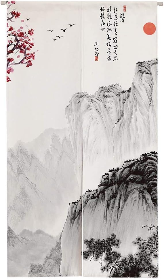 Ofat Home Chinese Ink Landscape Noren Curtain 33.5" x 59" | Mountain and plum blossom oriental ink painting, zen style fabric hanging curtain for doorway or wall decor