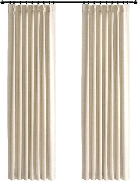 100% Blackout Shield Linen Look Textured Pinch Pleated Curtains Blackout Drapes 105 Inch Long 2 Panels Set, Faux Linen Blackout Curtains for Bedroom & Living Room, 40" W x 105" L, Cream