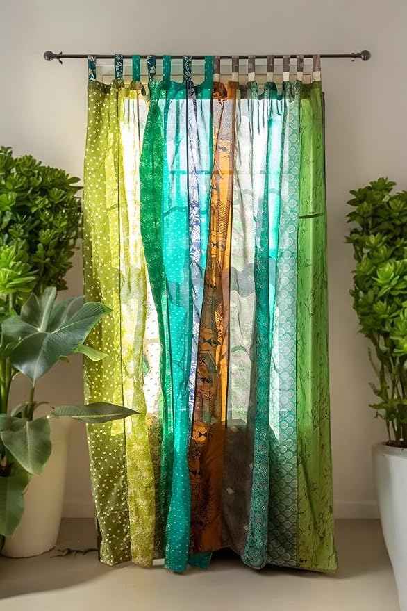 Assorted Hippie Colorful Curtains Light-Filtering – Boho Curtains, Bed Canopy Panel, Tapestry or Window Treatment Patchwork Green Color (84 X 43 Inches)