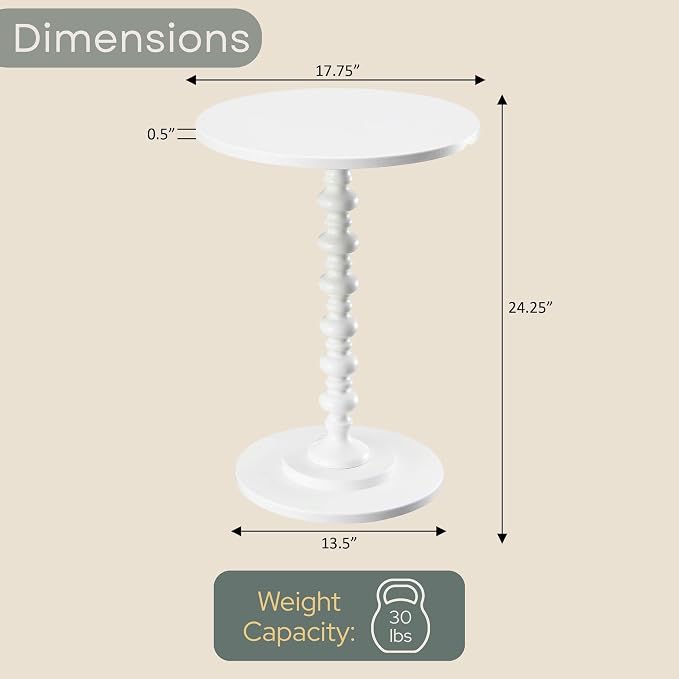 Convenience Concepts Palm Beach Spindle Table 17.75" - Traditional Round End Table for Living Room, Turned Solid Wood Side Table, Classic Display Pedestal Table, White