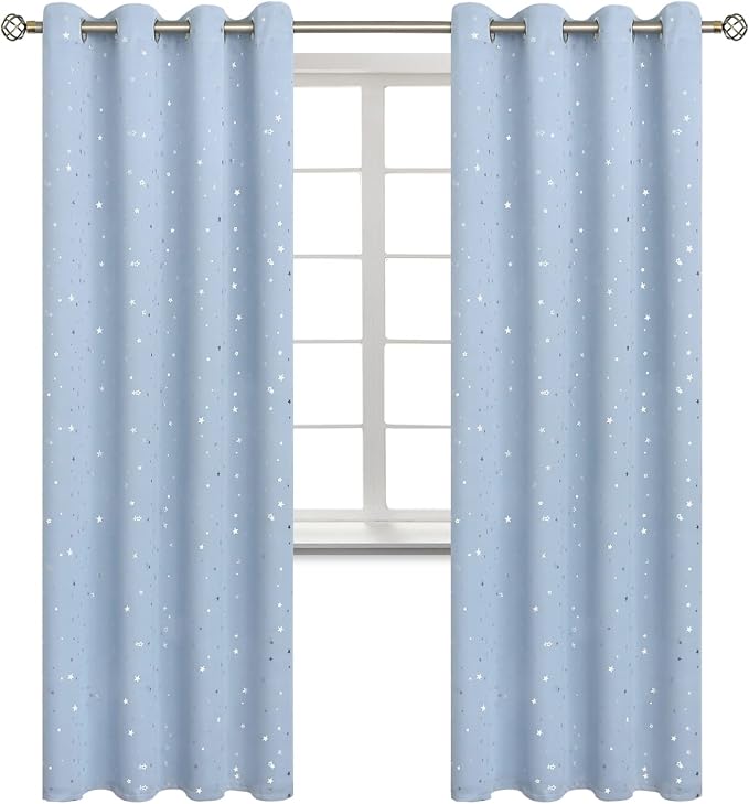 BGment Star Room Darkening Curtains for Kids Bedroom - Grommet Thermal Insulated Silver Star Print Kids Curtains for Living Room, Set of 2 Panels, Baby Blue, 52 x 95 Inch